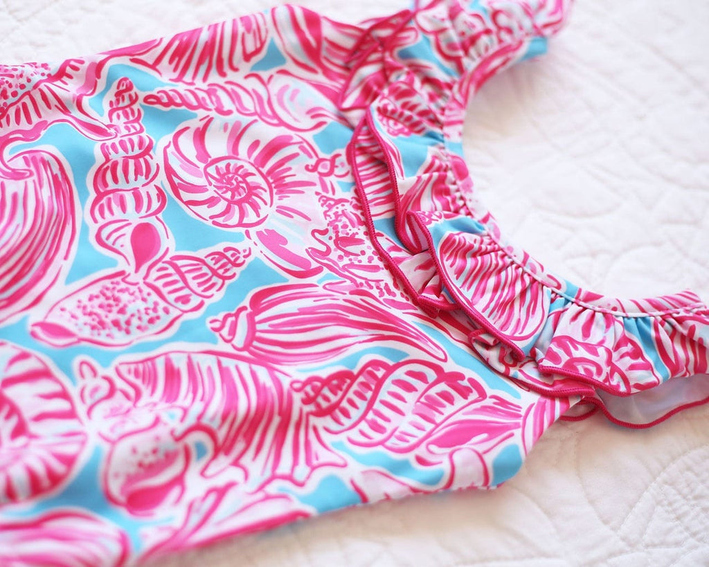 Seashells by the Sea Shore - Mia Girls Ruffle Top One Piece Swim Suit