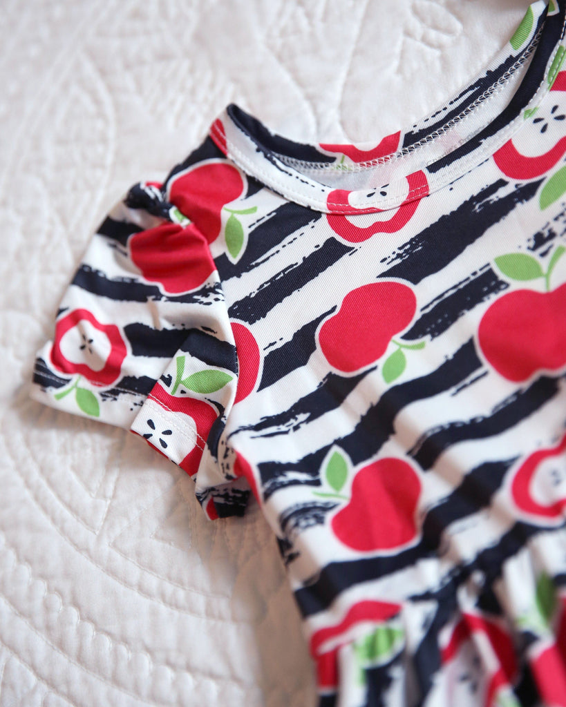 Apple Striped - Girls Short Sleeve Hugs Twirl Dress with Pockets