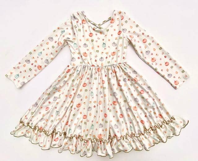 Pumpkin - Long Sleeve Girls Cross Back Twirl Dress with Pockets