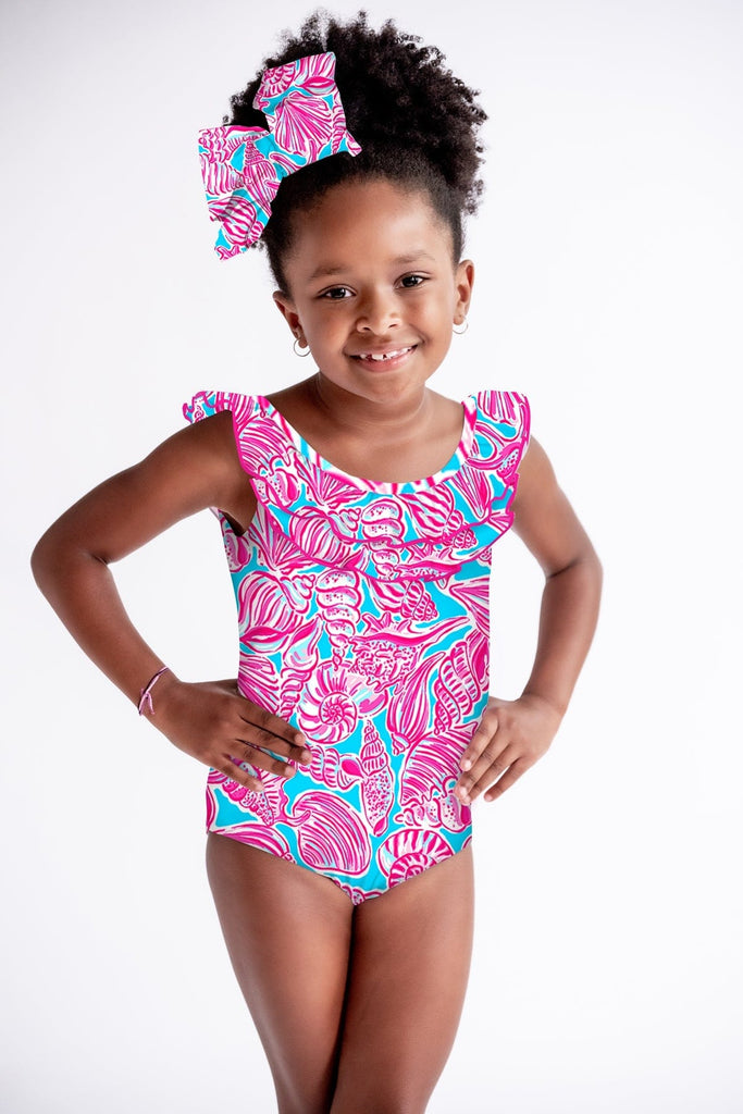 Seashells by the Sea Shore - Mia Girls Ruffle Top One Piece Swim Suit