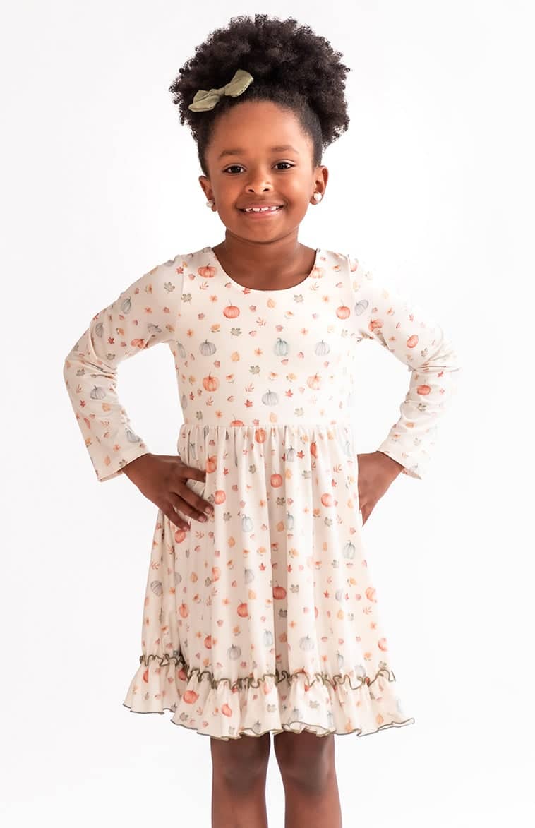 Pumpkin - Long Sleeve Girls Cross Back Twirl Dress with Pockets
