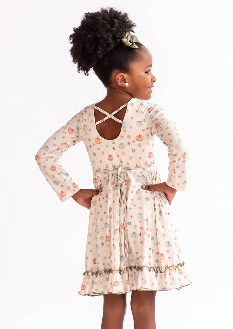 Pumpkin - Long Sleeve Girls Cross Back Twirl Dress with Pockets