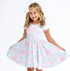 Pretty Pastel Mermaid Girls Short Sleeve Hugs Twirl Dress with Pockets