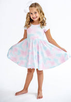 Pretty Pastel Mermaid Girls Short Sleeve Hugs Twirl Dress with Pockets