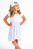 Pretty Pastel Mermaid Girls Short Sleeve Hugs Twirl Dress with Pockets